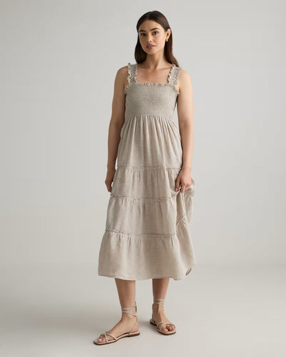 100% European Linen Smocked Midi Dress - US 1328