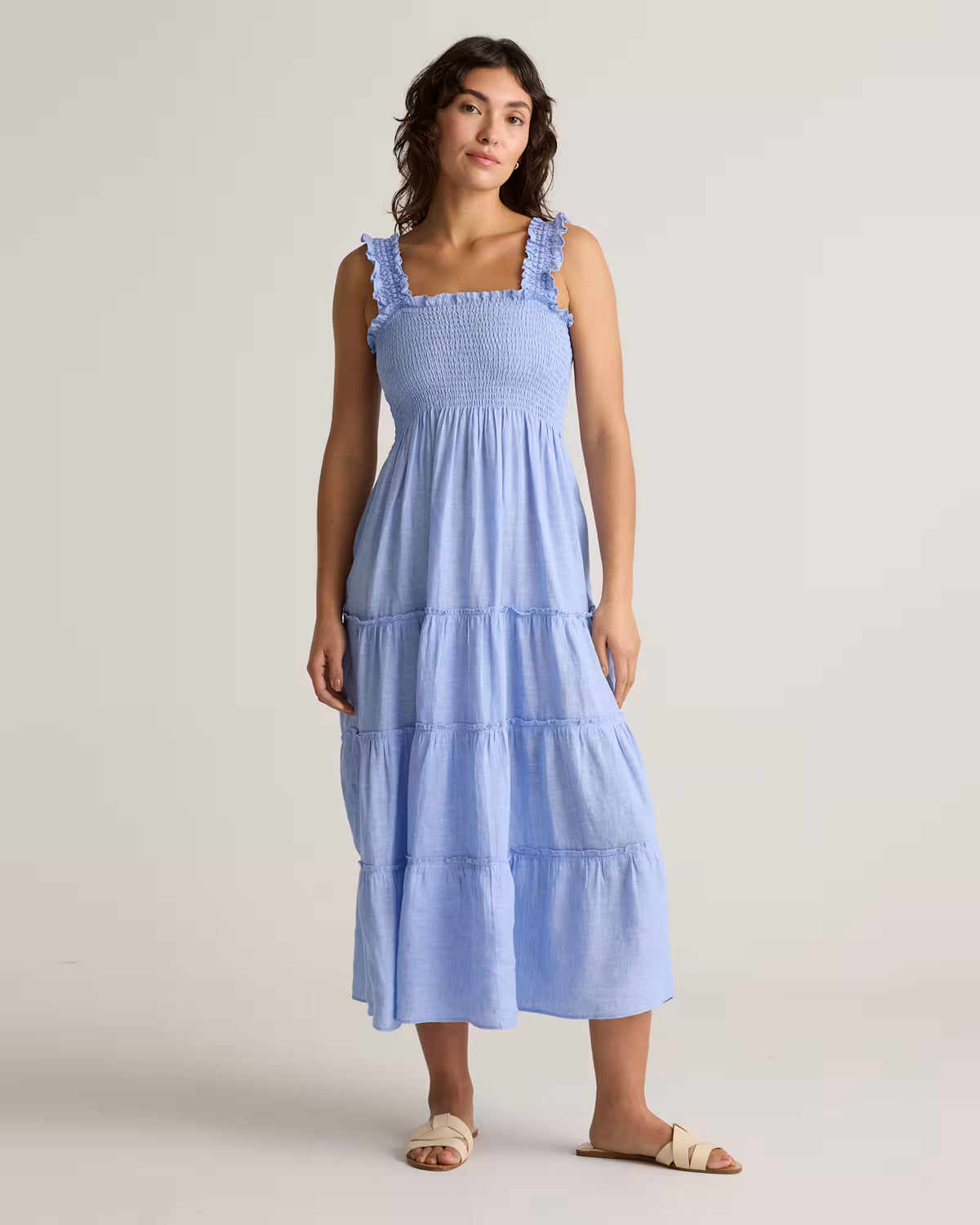 100% European Linen Smocked Midi Dress - US 8617