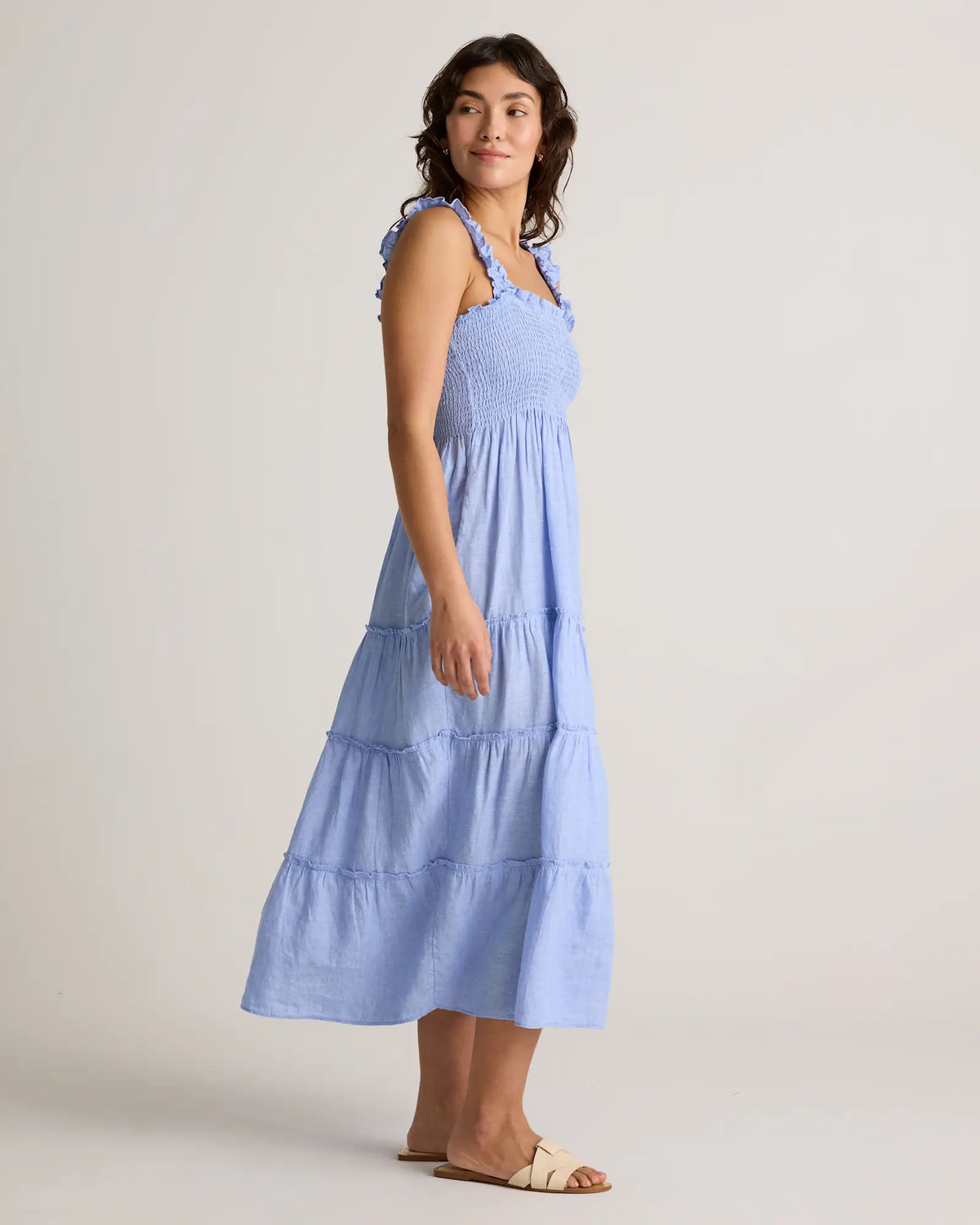 100% European Linen Smocked Midi Dress - US 8617