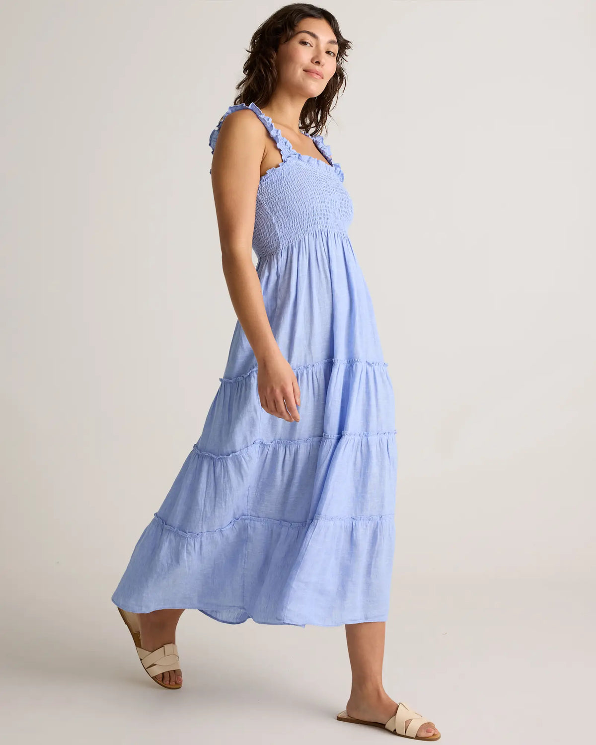100% European Linen Smocked Midi Dress - US 8617
