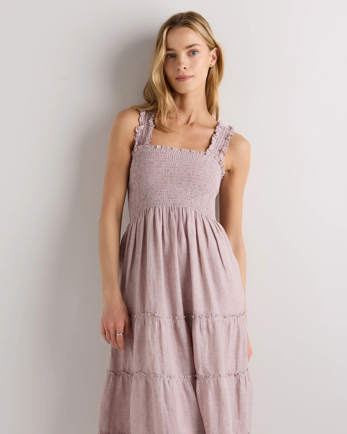 100% European Linen Smocked Midi Dress - US 4441