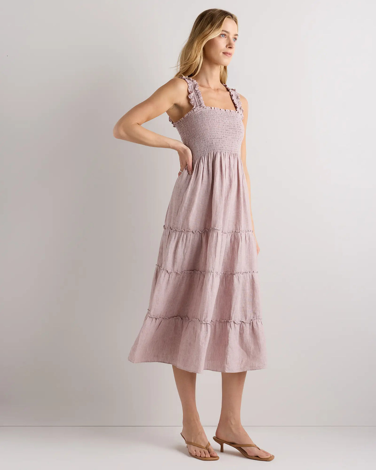 100% European Linen Smocked Midi Dress - US 4441