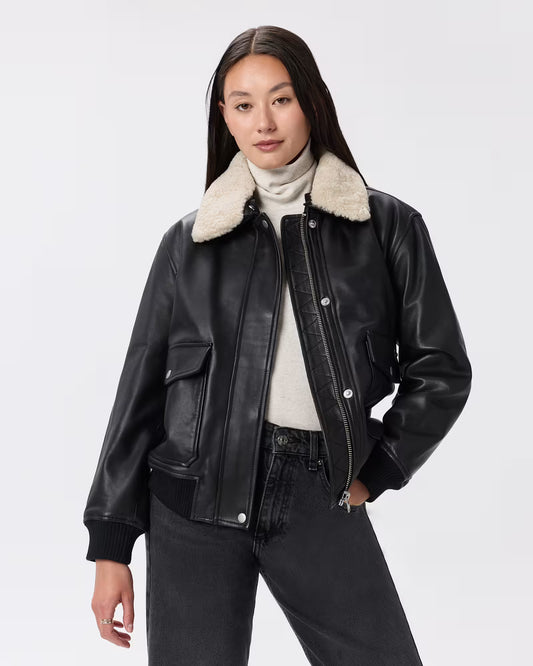 100% Leather Shearling Trim Aviator Jacket - US 1129