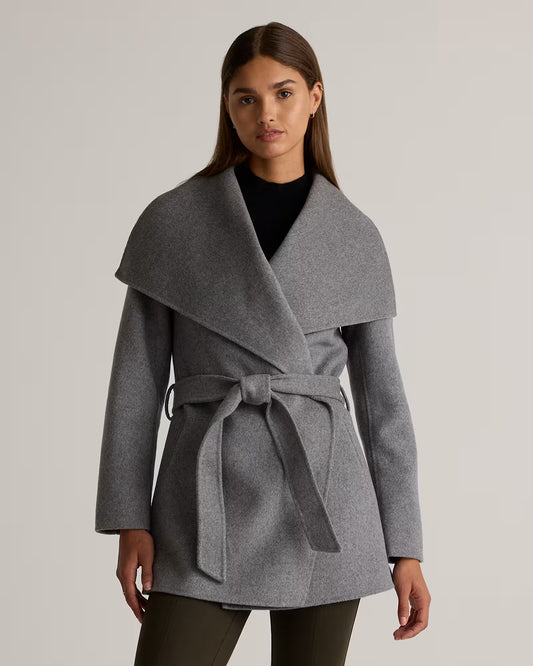 Double-Faced Merino Wool Draped Collar Short Wrap Coat - US 6819