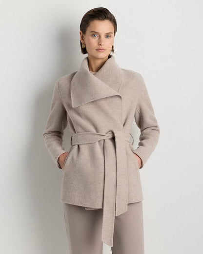 Double-Faced Merino Wool Draped Collar Short Wrap Coat - US 4364