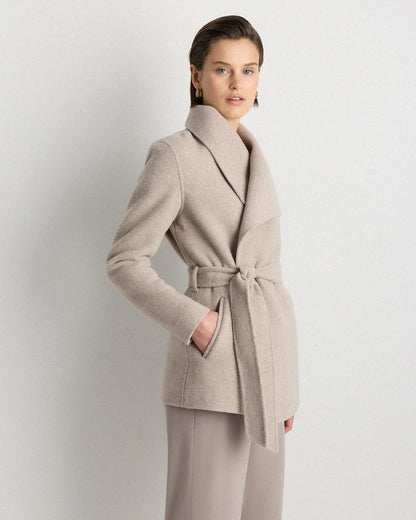 Double-Faced Merino Wool Draped Collar Short Wrap Coat - US 4364