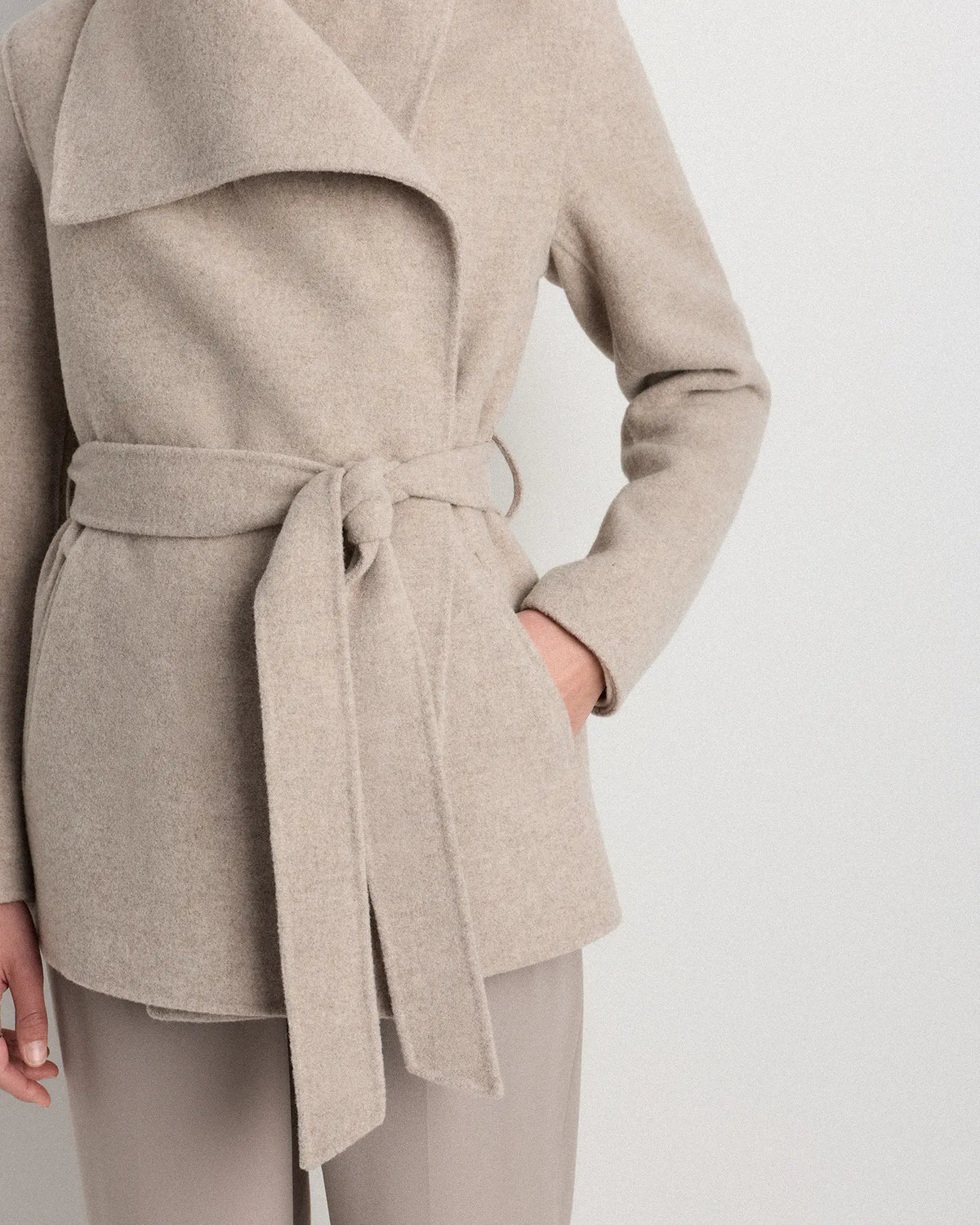 Double-Faced Merino Wool Draped Collar Short Wrap Coat - US 4364