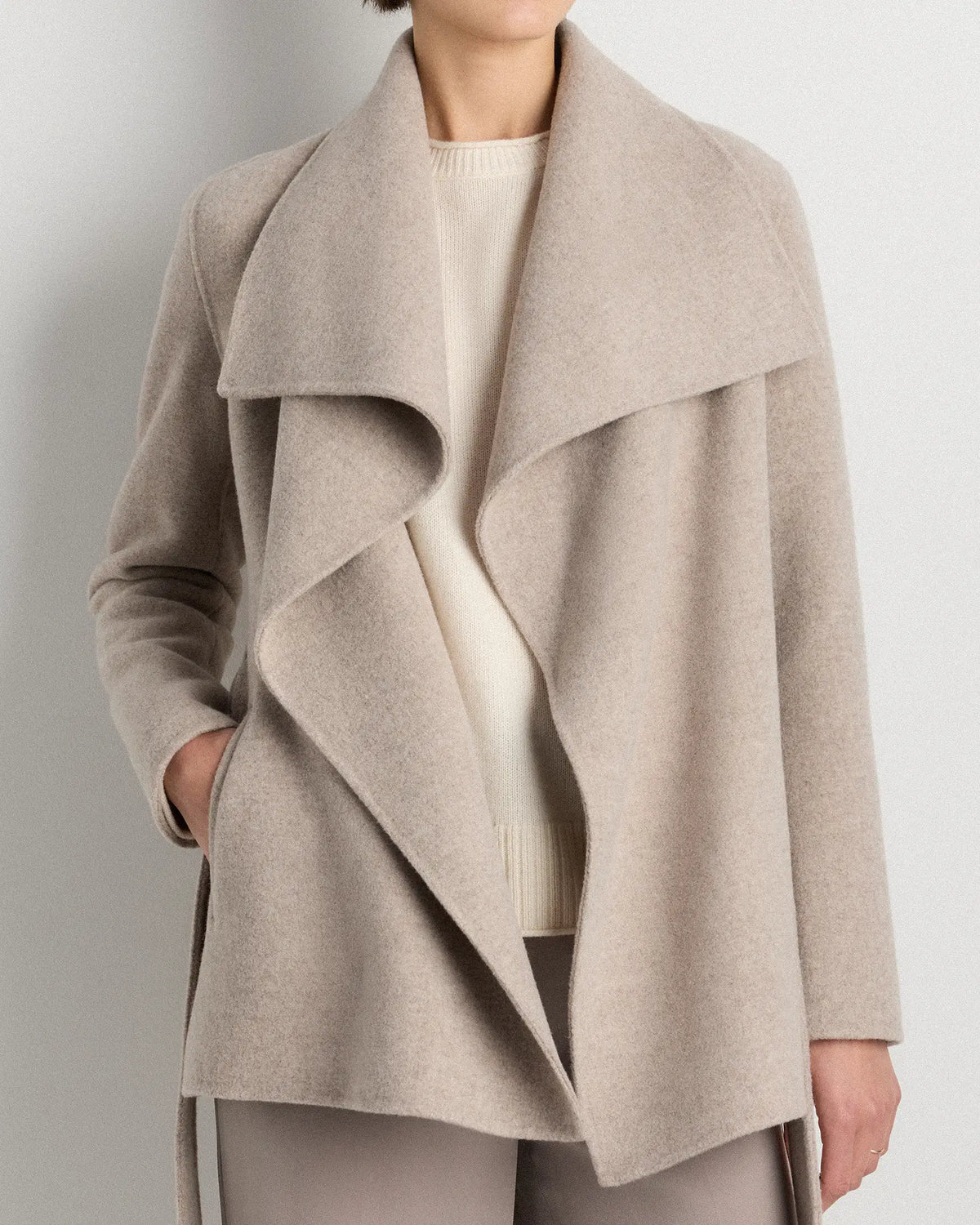 Double-Faced Merino Wool Draped Collar Short Wrap Coat - US 4364