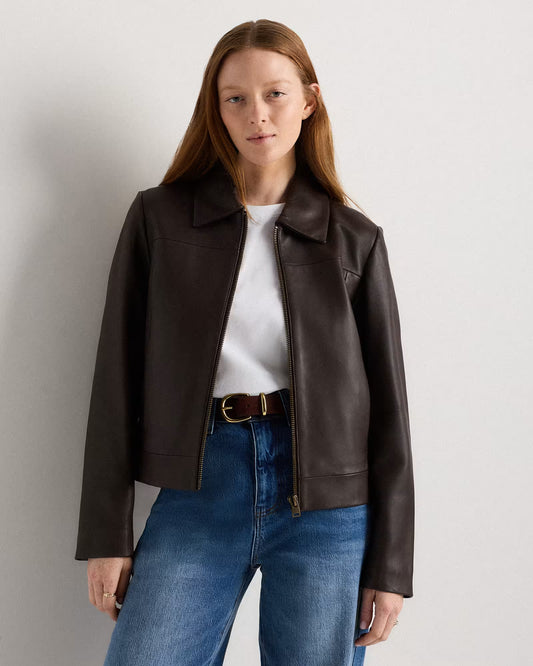 100% Leather Cropped Zip-Front Jacket - US 6860