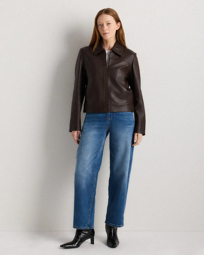 100% Leather Cropped Zip-Front Jacket - US 6860
