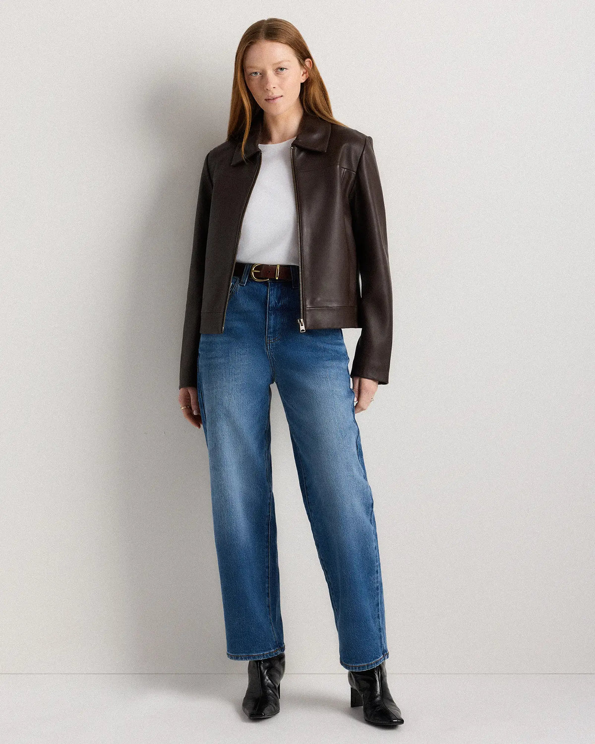 100% Leather Cropped Zip-Front Jacket - US 6860