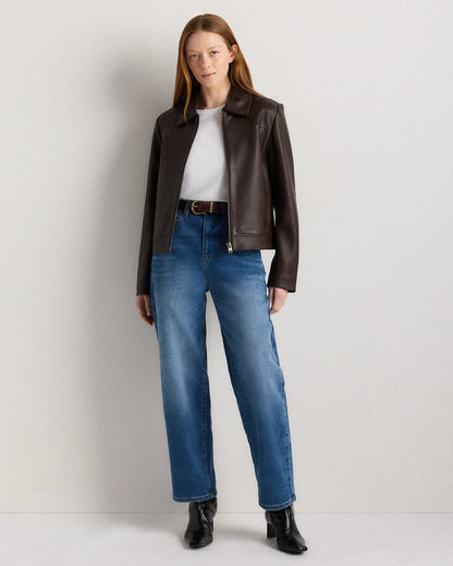 100% Leather Cropped Zip-Front Jacket - US 6860