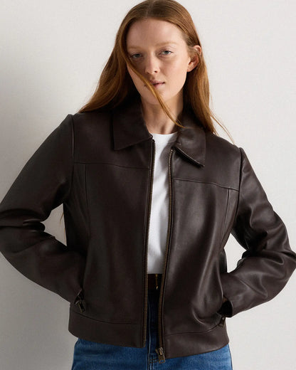100% Leather Cropped Zip-Front Jacket - US 6860