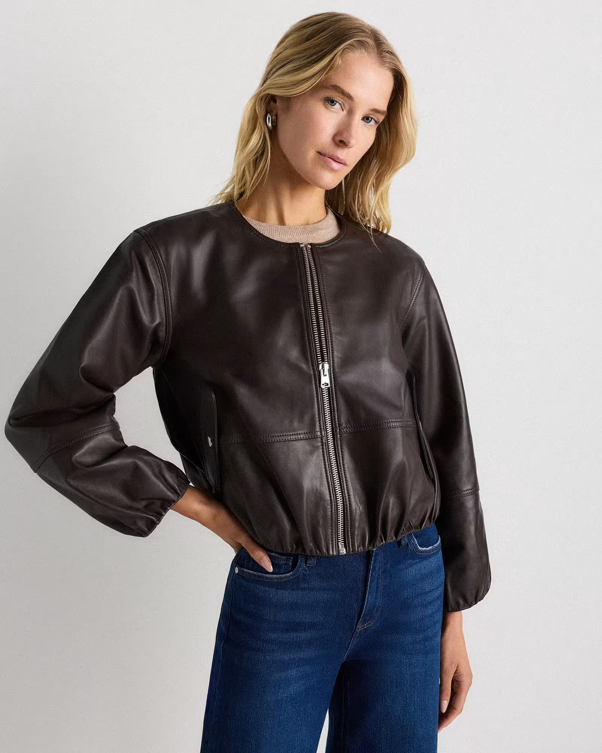 100% Leather Collarless Cropped Bubble Hem Jacket - US 1343