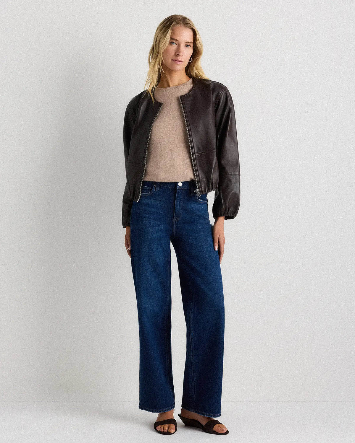 100% Leather Collarless Cropped Bubble Hem Jacket - US 1343