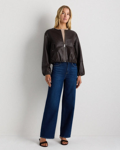 100% Leather Collarless Cropped Bubble Hem Jacket - US 1343