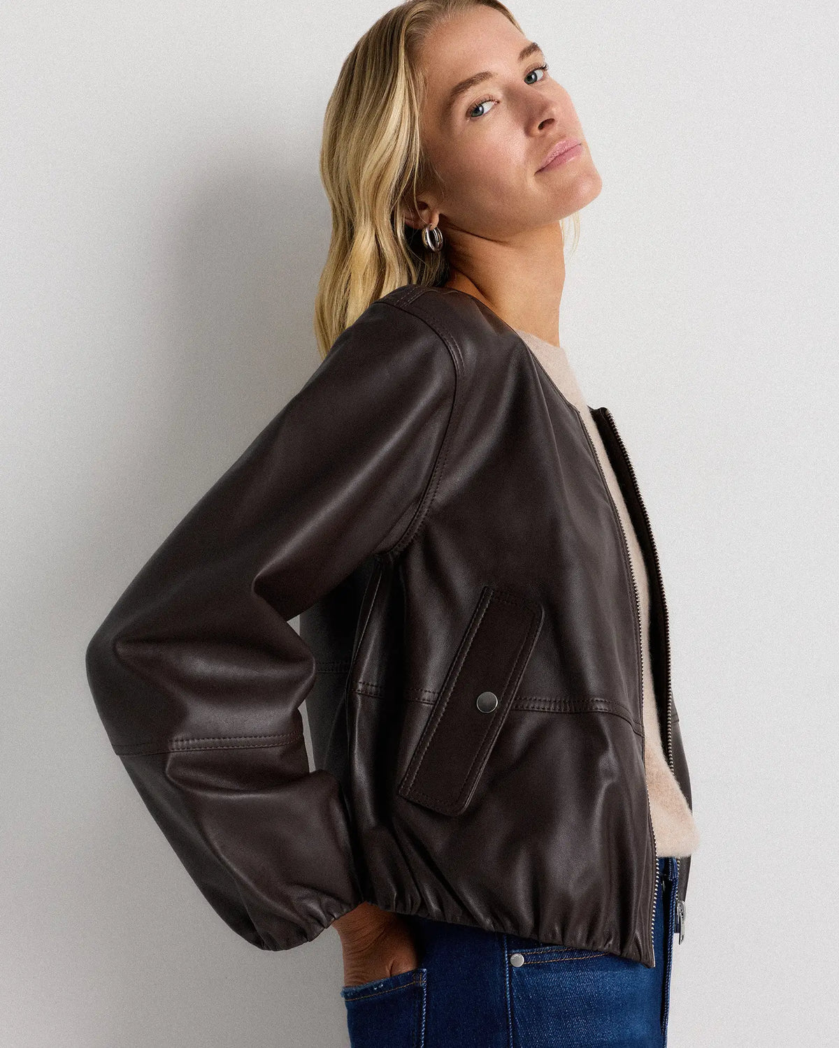 100% Leather Collarless Cropped Bubble Hem Jacket - US 1343