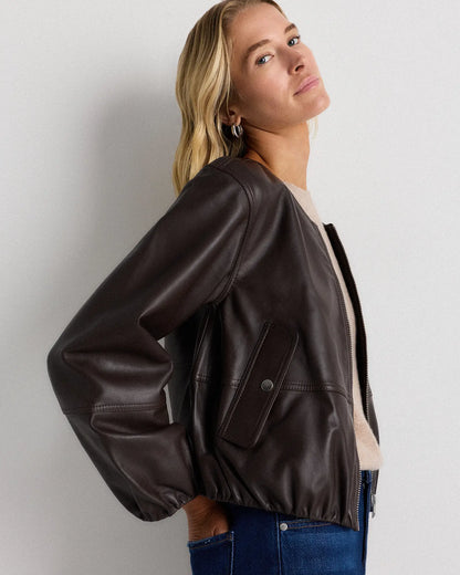 100% Leather Collarless Cropped Bubble Hem Jacket - US 1343