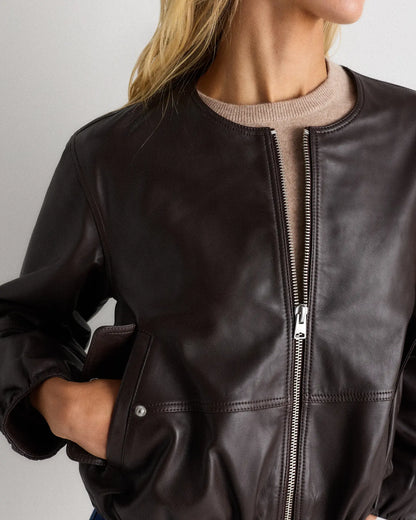 100% Leather Collarless Cropped Bubble Hem Jacket - US 1343