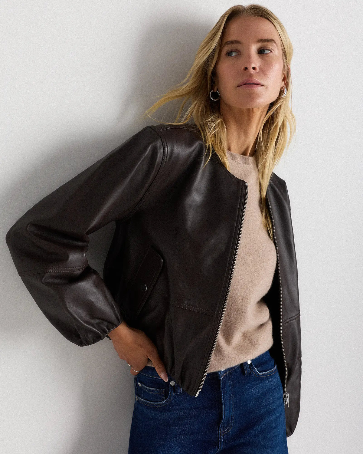 100% Leather Collarless Cropped Bubble Hem Jacket - US 1343