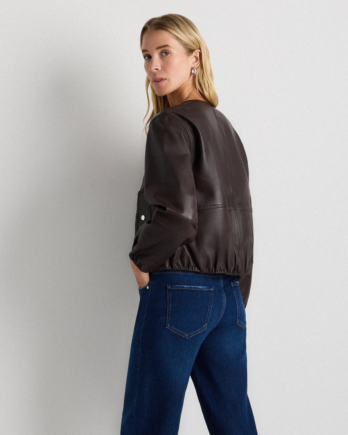 100% Leather Collarless Cropped Bubble Hem Jacket - US 1343