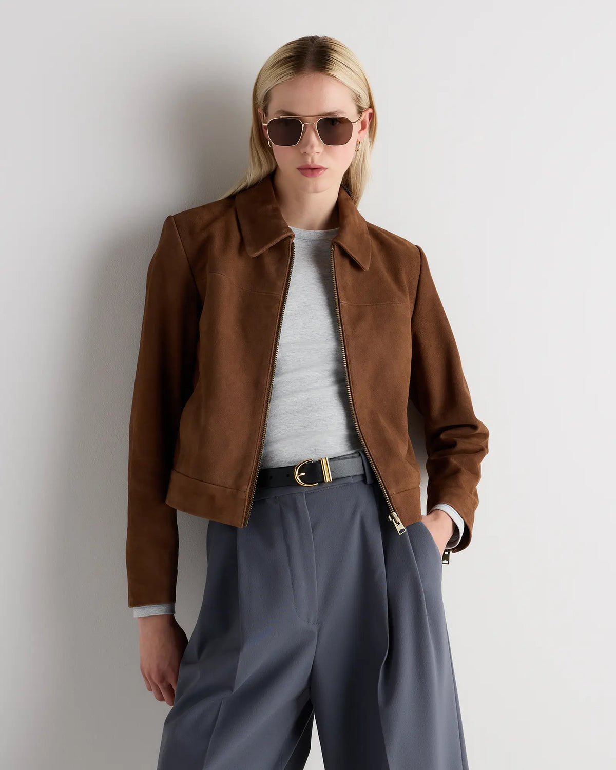 100% Suede Cropped Zip-Front Jacket - US 3608