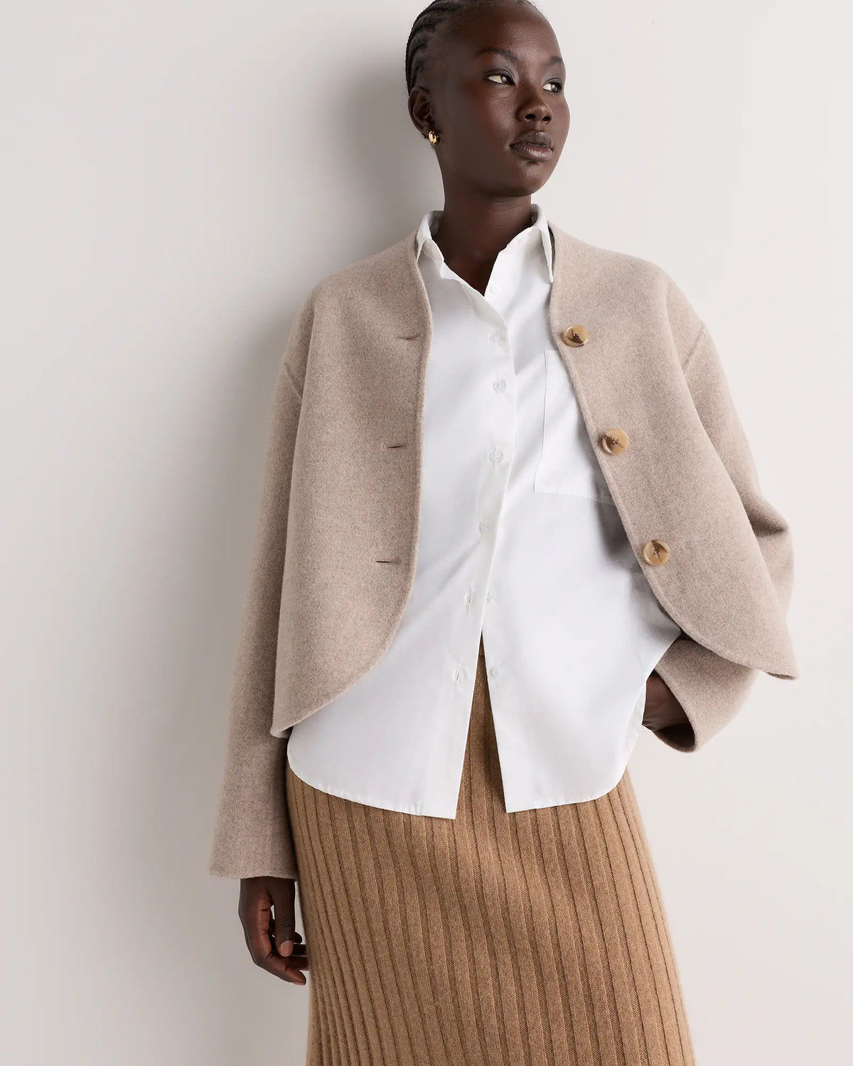 Double-Faced Merino Wool Collarless Cropped Jacket - US 7153