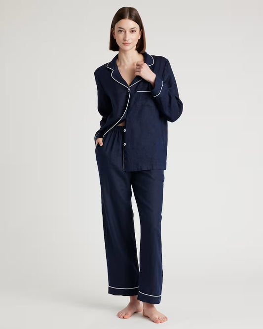 100% European Linen Long Sleeve Pajama Set with Piping - US 6029