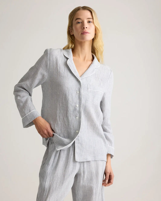 100% European Linen Long Sleeve Pajama Set with Piping - US 5899
