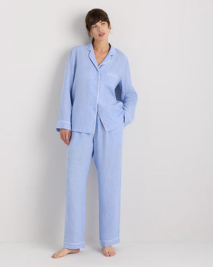 100% European Linen Long Sleeve Pajama Set with Piping - US 4575