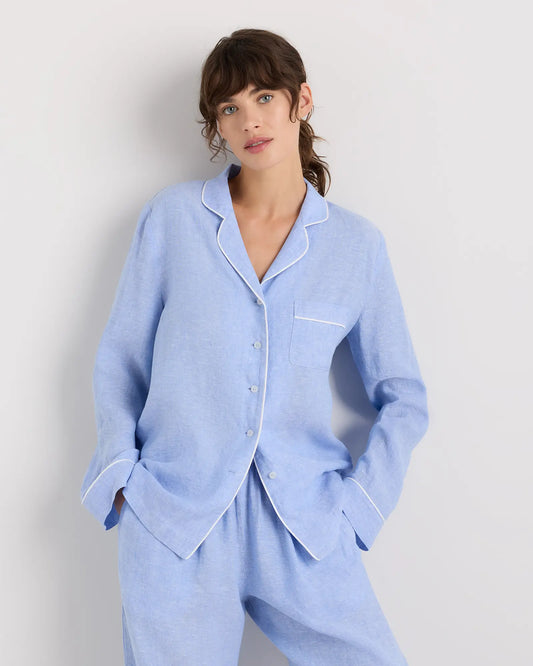 100% European Linen Long Sleeve Pajama Set with Piping - US 4575