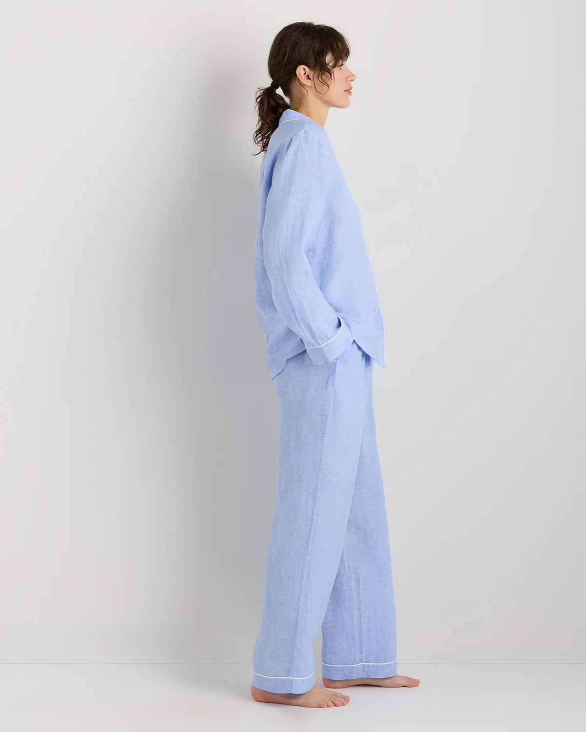 100% European Linen Long Sleeve Pajama Set with Piping - US 4575