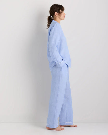 100% European Linen Long Sleeve Pajama Set with Piping - US 4575