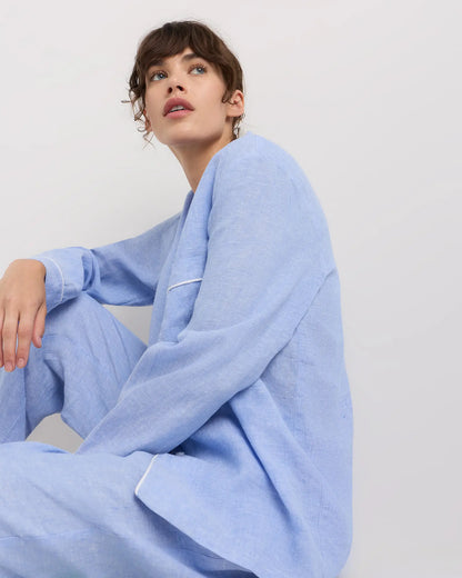 100% European Linen Long Sleeve Pajama Set with Piping - US 4575