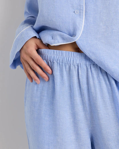 100% European Linen Long Sleeve Pajama Set with Piping - US 4575