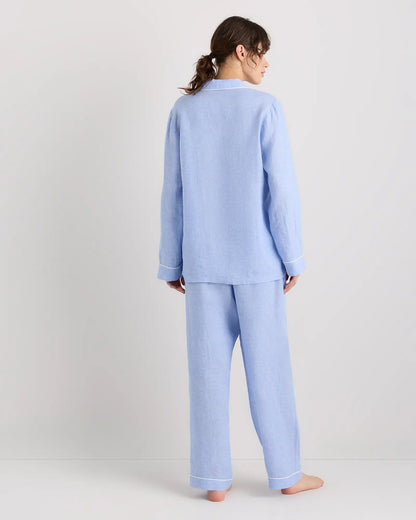 100% European Linen Long Sleeve Pajama Set with Piping - US 4575