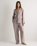 100% European Linen Long Sleeve Pajama Set with Piping - US 5829