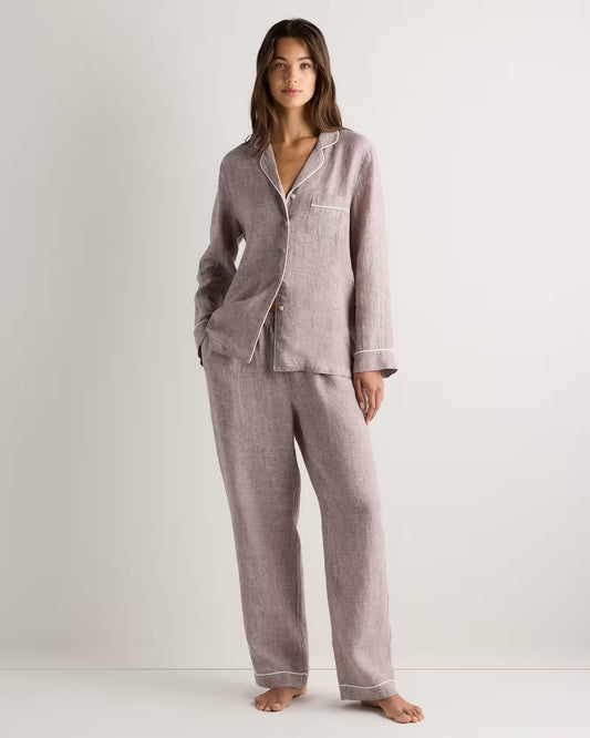 100% European Linen Long Sleeve Pajama Set with Piping - US 5829