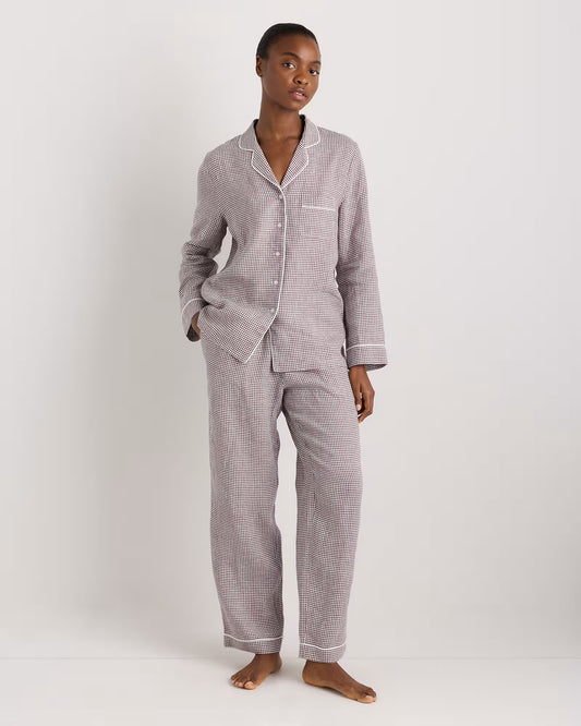 100% European Linen Long Sleeve Pajama Set with Piping - US 7056