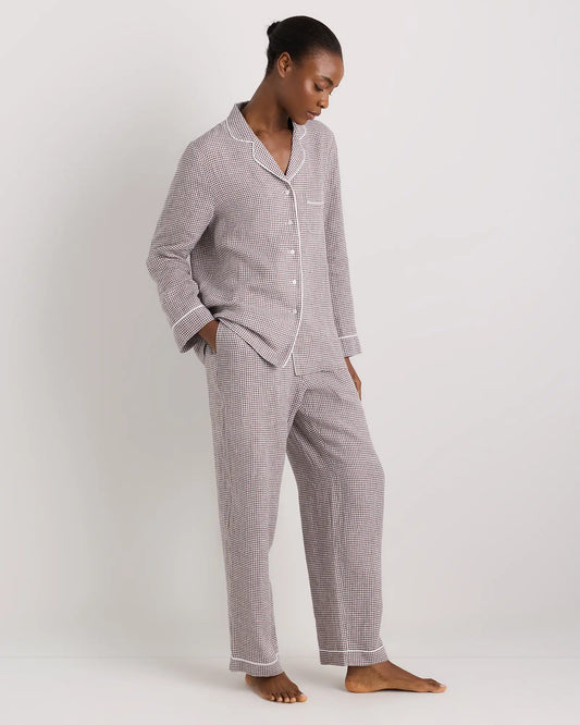 100% European Linen Long Sleeve Pajama Set with Piping - US 7056
