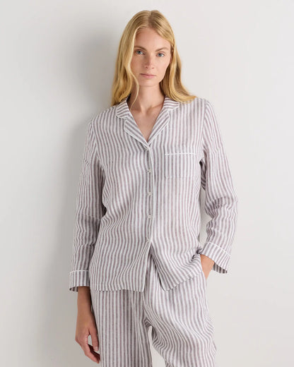 100% European Linen Long Sleeve Pajama Set with Piping - US 4093