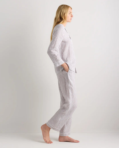 100% European Linen Long Sleeve Pajama Set with Piping - US 4093