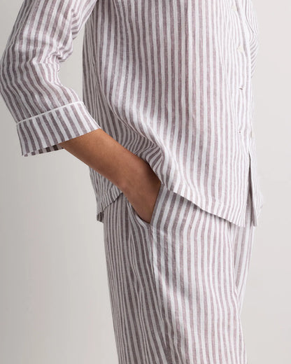 100% European Linen Long Sleeve Pajama Set with Piping - US 4093
