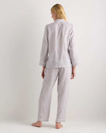 100% European Linen Long Sleeve Pajama Set with Piping - US 4093