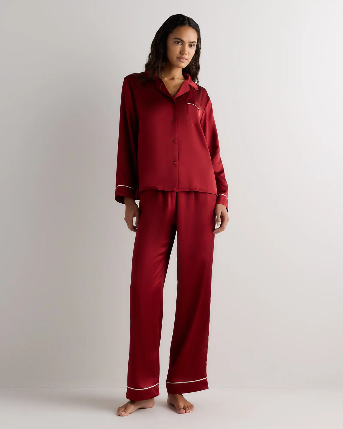 100% Washable Silk Satin Pajama Long Sleeve Top - US 6305