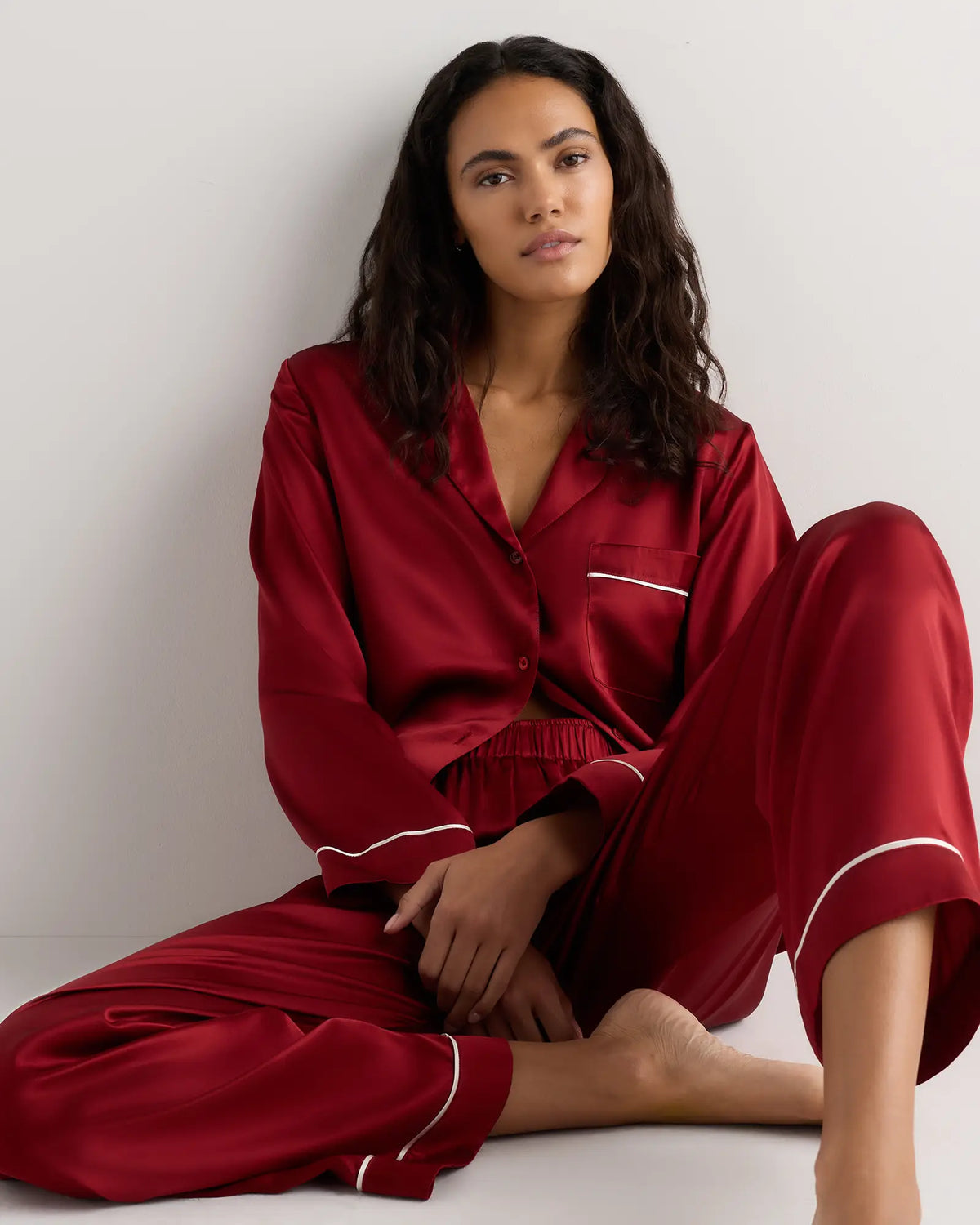 100% Washable Silk Satin Pajama Long Sleeve Top - US 6305