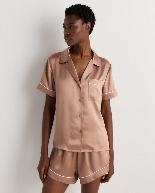 100% Washable Silk Satin Short Sleeve Pajama Top - US 2828