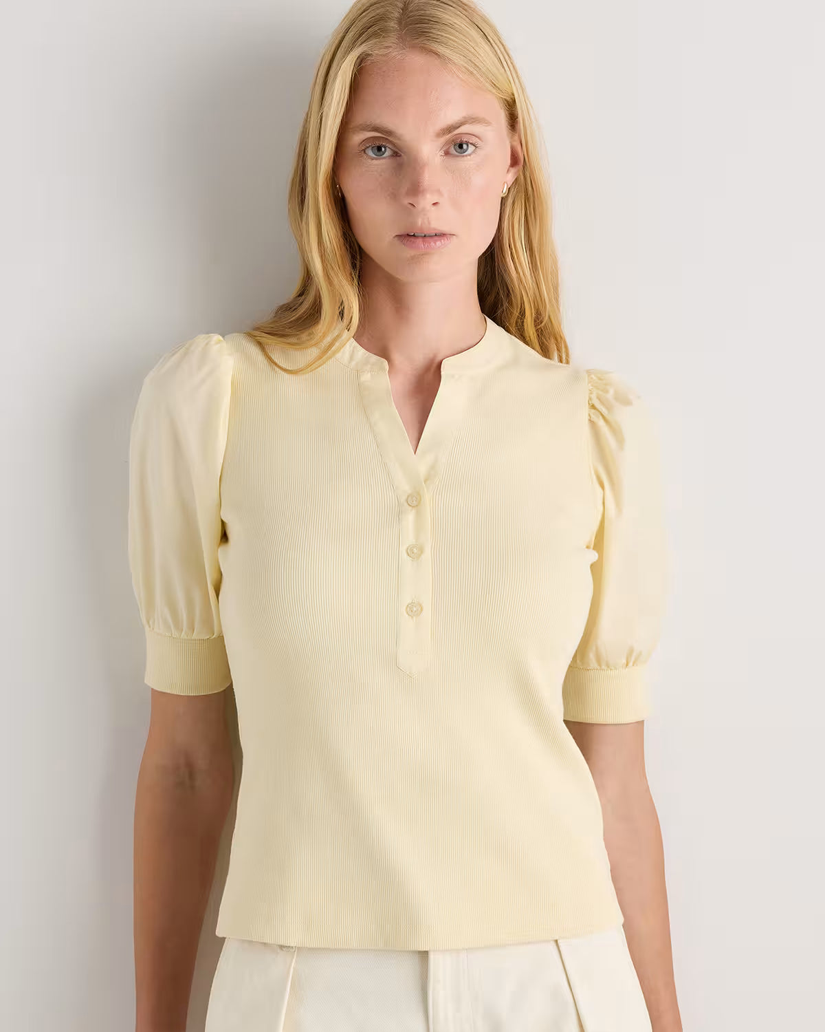 Cotton Mixed Media Puff Sleeve Top - US 4545