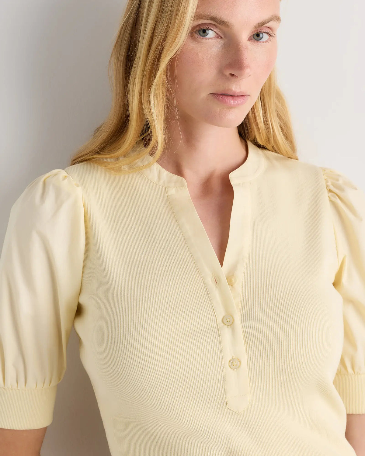 Cotton Mixed Media Puff Sleeve Top - US 4545