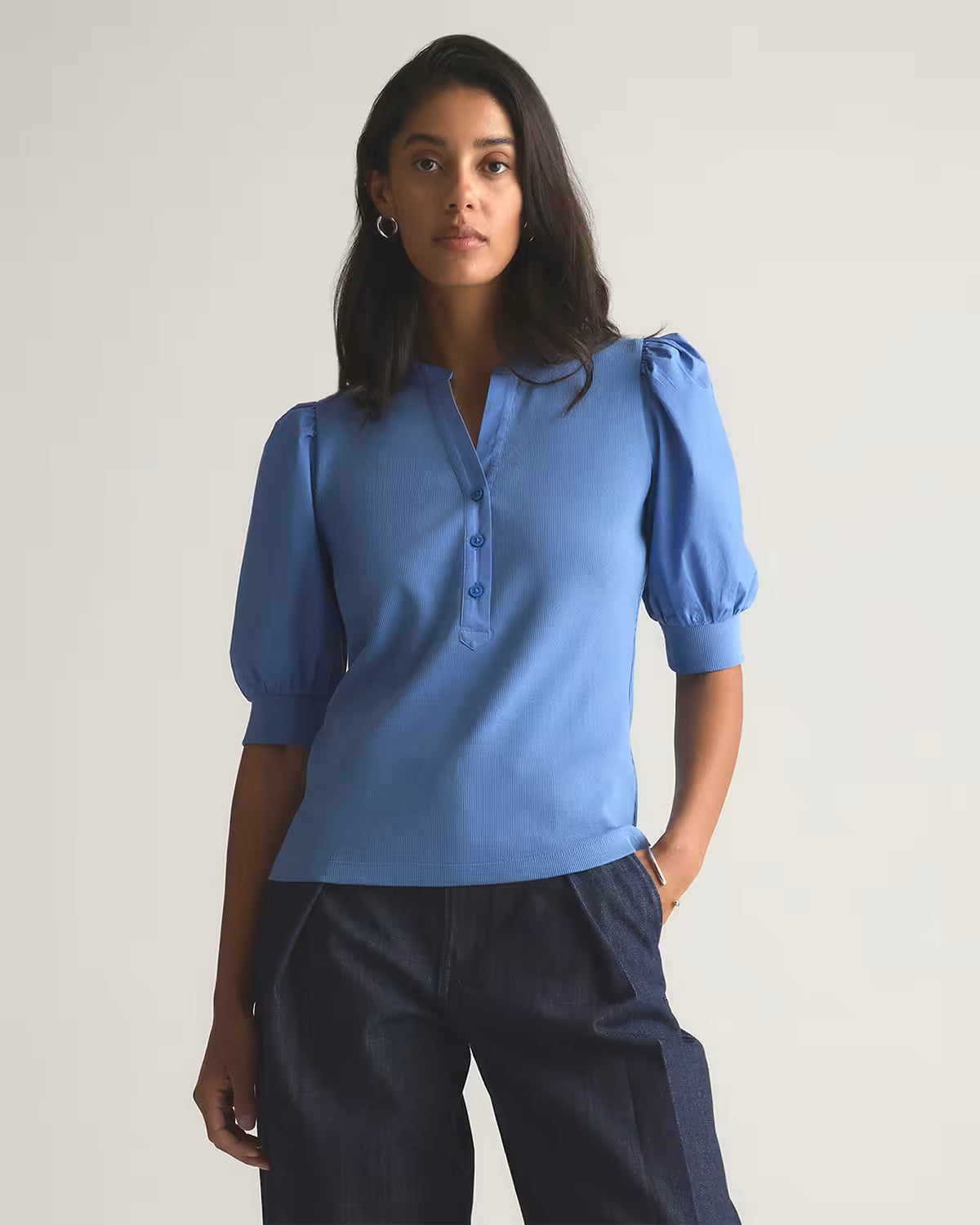 Cotton Mixed Media Puff Sleeve Top - US 5956